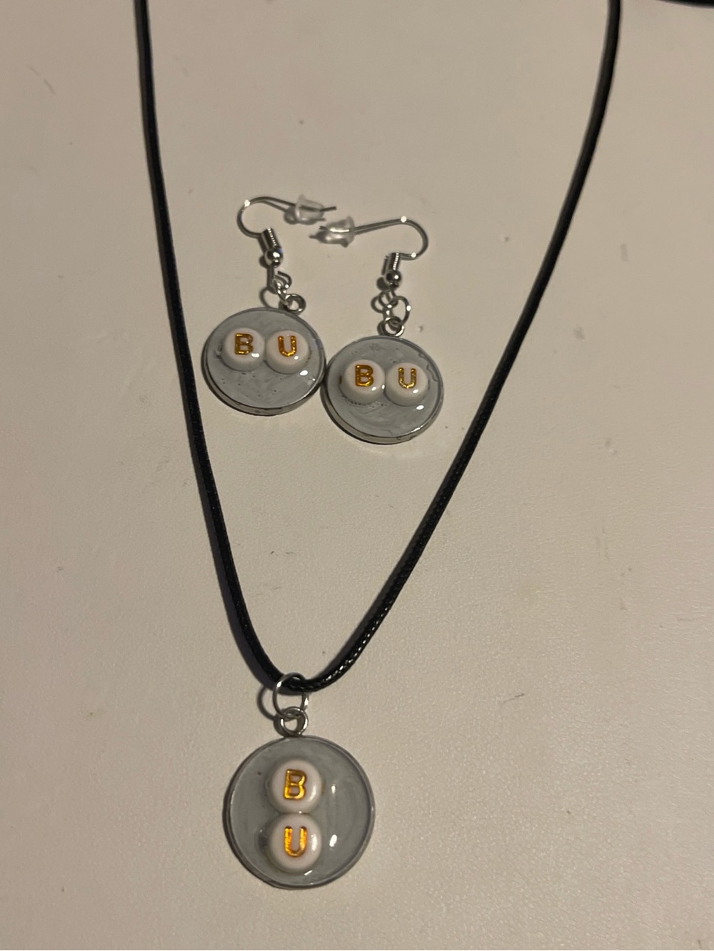 Round BU Letter Necklace & Earring Set - Light Gray & Gold